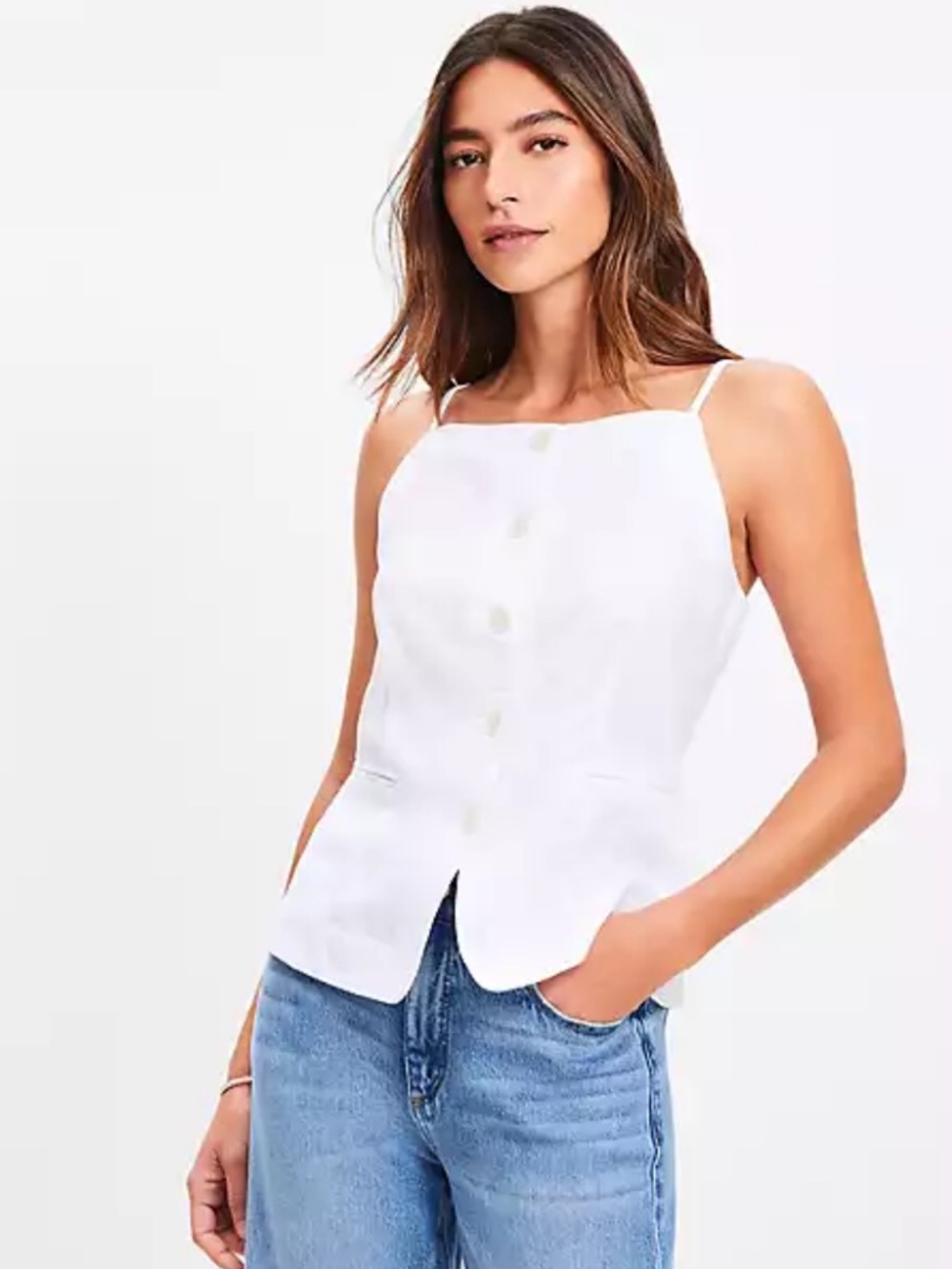 White Linen Sleeveless Top Button Chic Babydoll Size XL